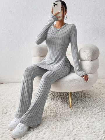 Solid Split Hem Tee & Flare Leg Pants