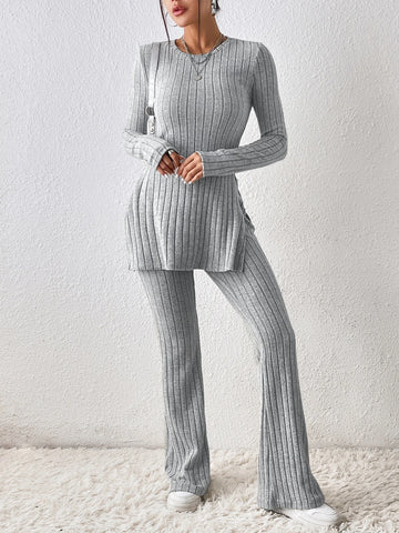 Solid Split Hem Tee & Flare Leg Pants