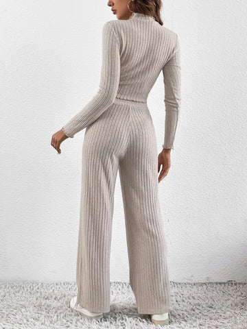 Lettuce Trim Mock Neck Ribbed Knit Tee & Pants