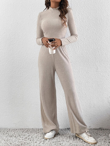 Lettuce Trim Mock Neck Ribbed Knit Tee & Pants