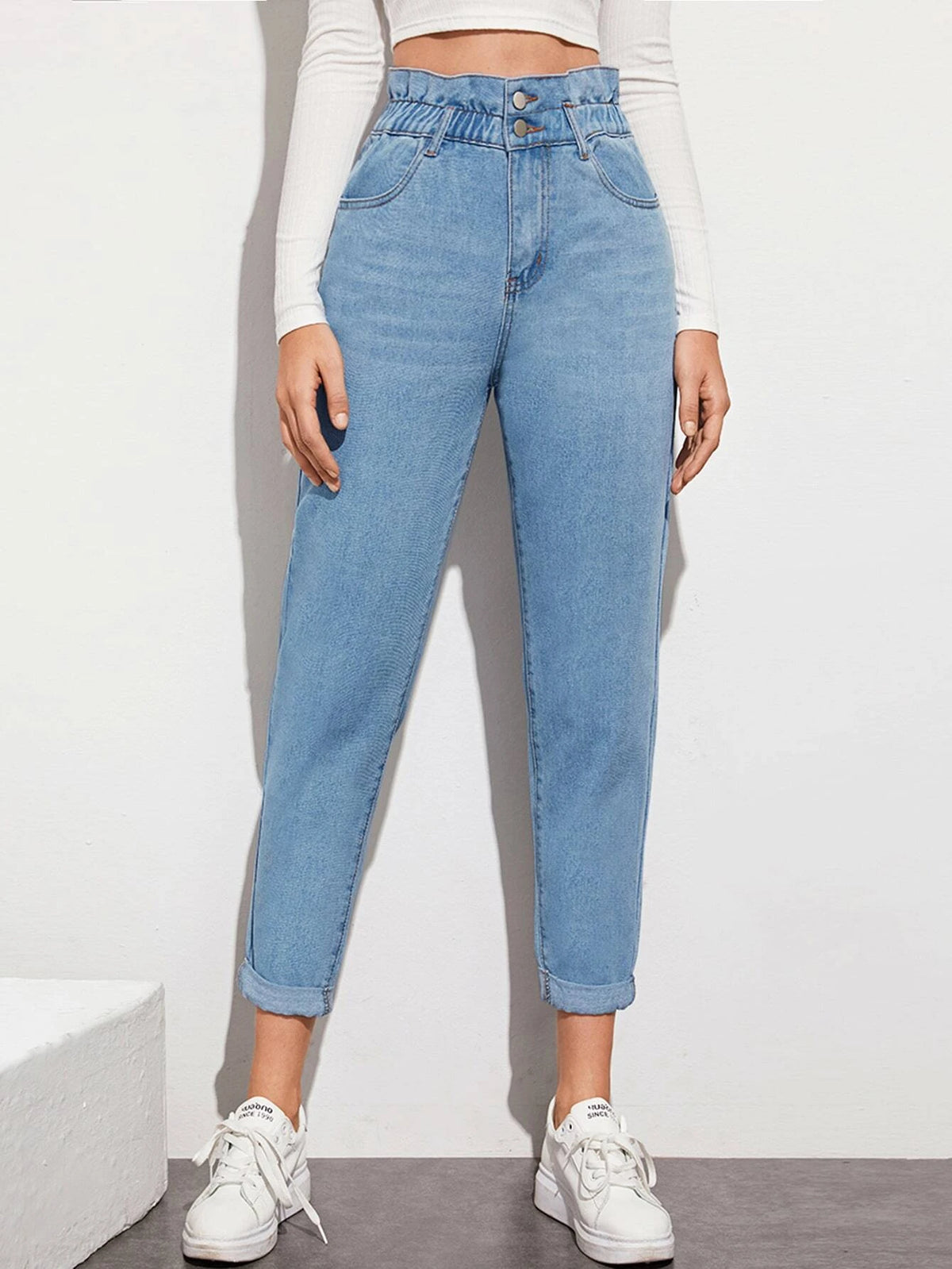 Light Wash High-Waisted Paperbag Waist  Jeans