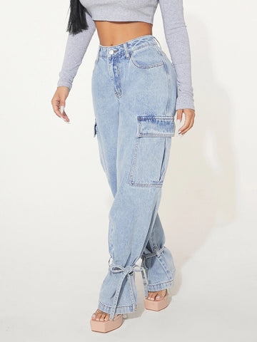 SXY Flap Pocket Knot Detail Cargo Jeans