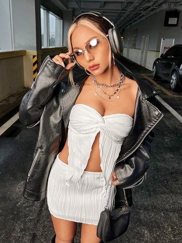 Twist Front Asymmetrical Hem Crop Tube Top & Bodycon Skirt