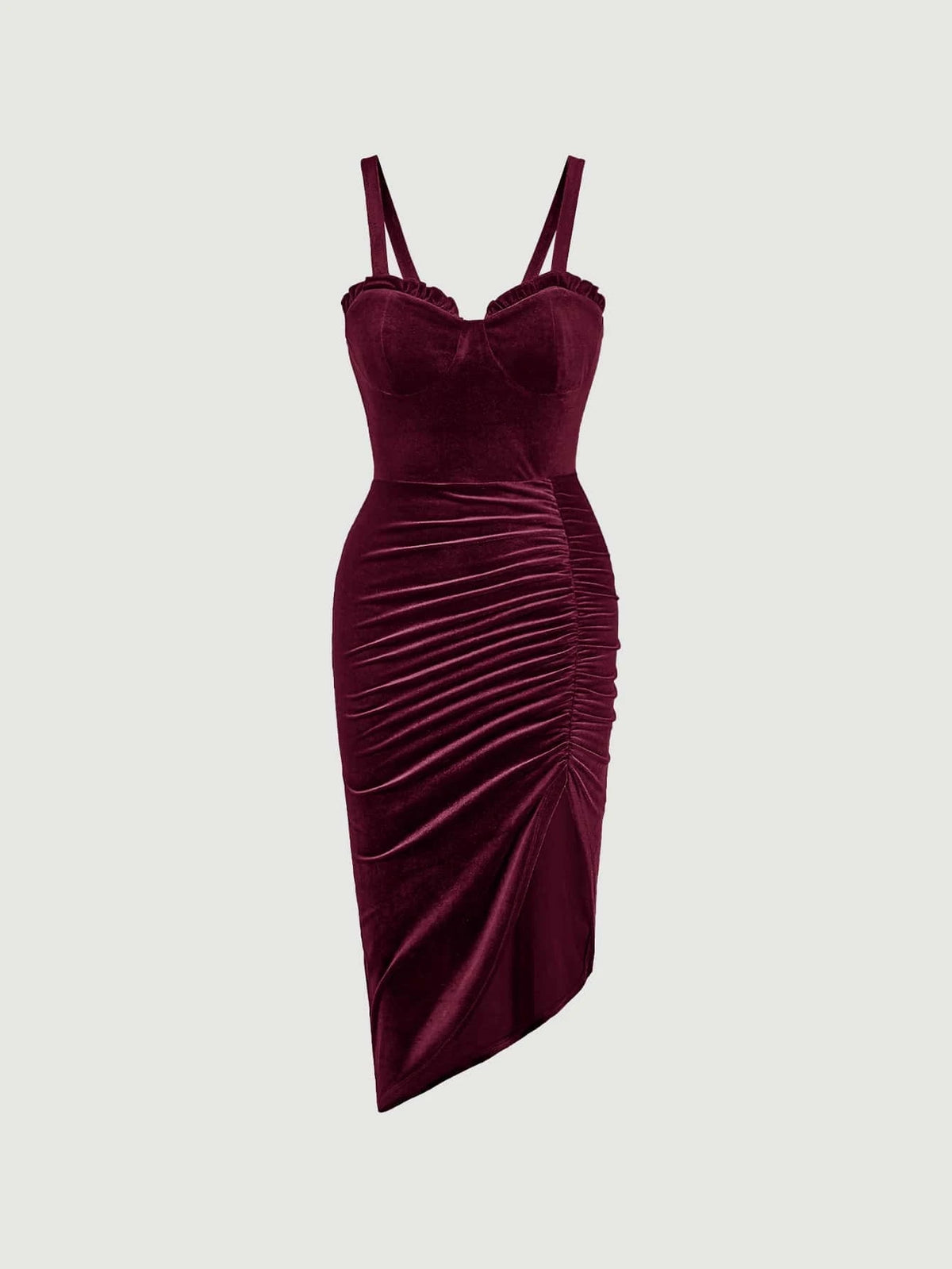 Frill Trim Ruched Asymmetrical Hem Velvet Cami Dress