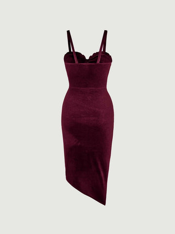 Frill Trim Ruched Asymmetrical Hem Velvet Cami Dress