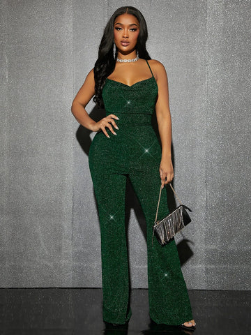 SXY Draped Collar Backless Glitter Flare Leg Jumpsuit