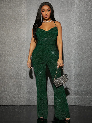 SXY Draped Collar Backless Glitter Flare Leg Jumpsuit