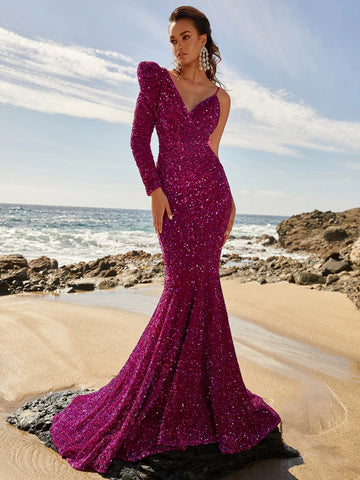 Asymmetrical Neck Sequin Prom Dress