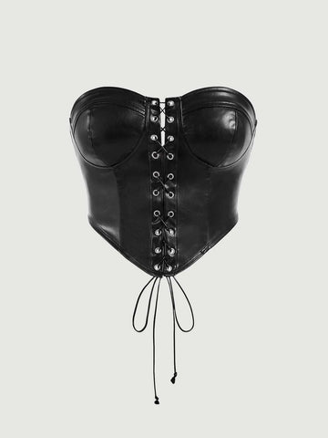 Lace Up Front PU Leather Tube Top