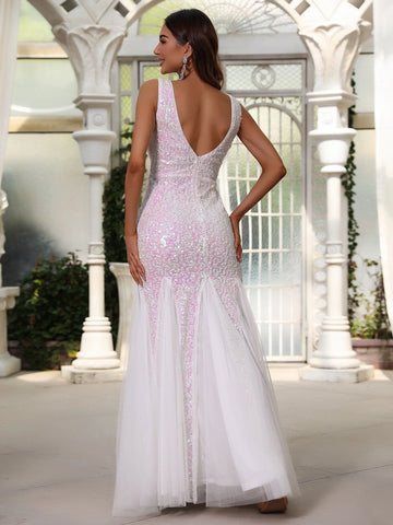 Sequin Backless Mesh Formal Dress