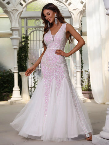 Sequin Backless Mesh Formal Dress