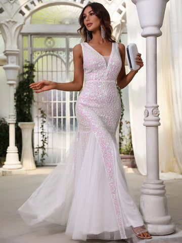 Sequin Backless Mesh Formal Dress