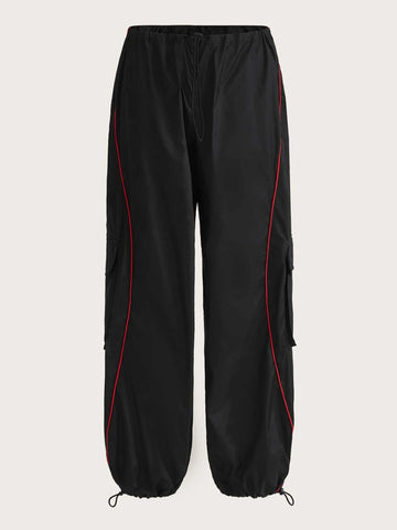Contrast Piping Flap Pocket Cargo Parachute Pants