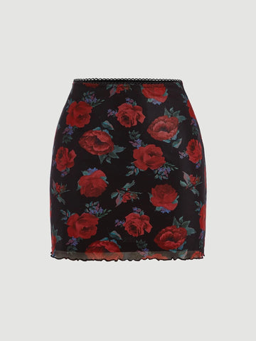 MOD Floral Print Lace Trim Skirt