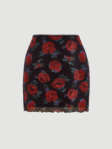 MOD Floral Print Lace Trim Skirt