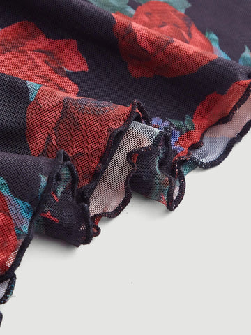 MOD Floral Print Lace Trim Skirt