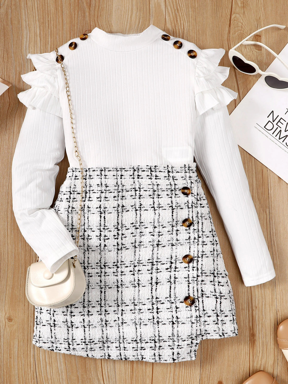 Girls Ruffle Trim Mock Neck Tee & Plaid Button Detail Wrap Skirt