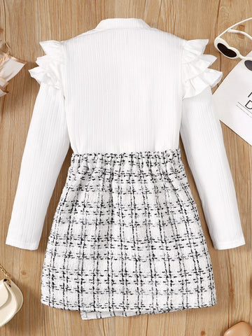 Girls Ruffle Trim Mock Neck Tee & Plaid Button Detail Wrap Skirt