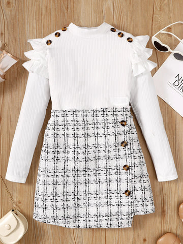 Girls Ruffle Trim Mock Neck Tee & Plaid Button Detail Wrap Skirt