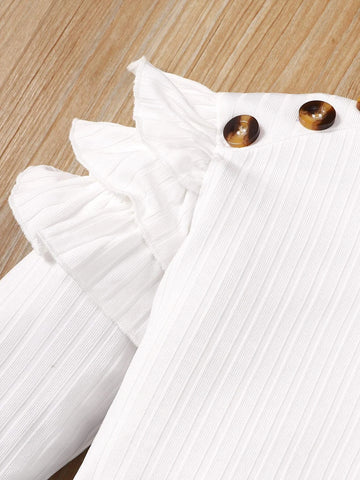 Girls Ruffle Trim Mock Neck Tee & Plaid Button Detail Wrap Skirt