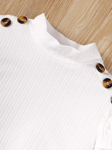 Girls Ruffle Trim Mock Neck Tee & Plaid Button Detail Wrap Skirt