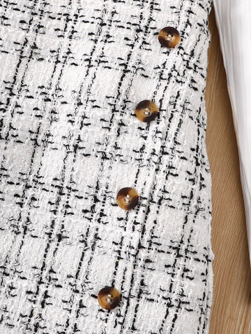 Girls Ruffle Trim Mock Neck Tee & Plaid Button Detail Wrap Skirt