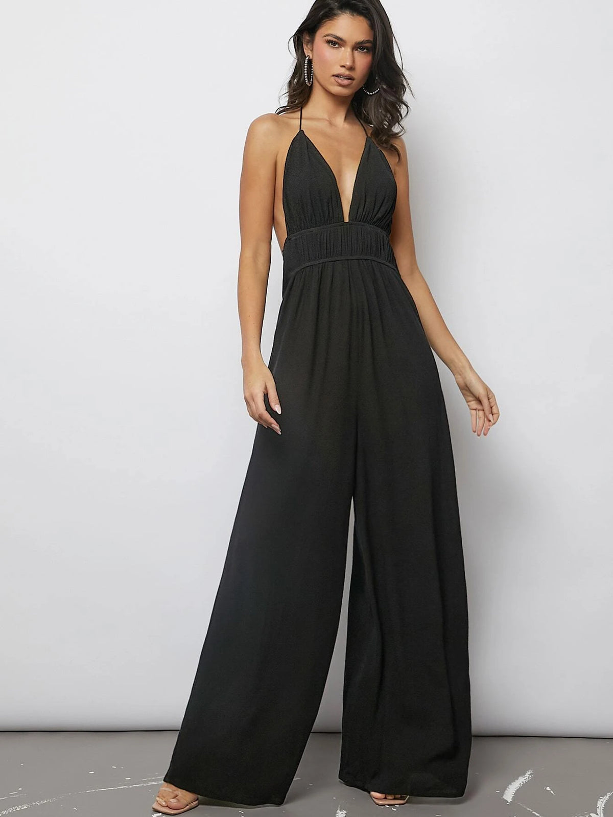 BAE Plunging Neck Tied Backless Wide Leg Jumpsuit