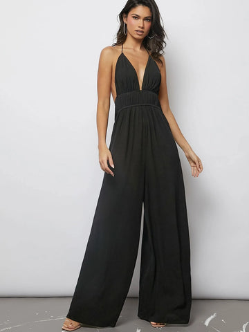 BAE Plunging Neck Tied Backless Wide Leg Jumpsuit