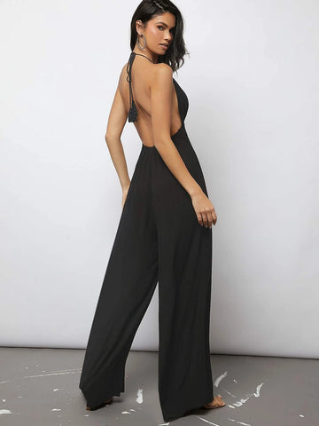 BAE Plunging Neck Tied Backless Wide Leg Jumpsuit