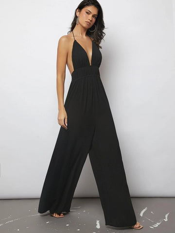 BAE Plunging Neck Tied Backless Wide Leg Jumpsuit