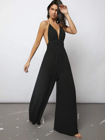 BAE Plunging Neck Tied Backless Wide Leg Jumpsuit