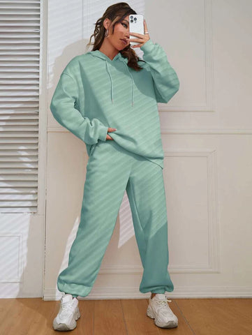 Solid Drop Shoulder Drawstring Hoodie & Sweatpants
