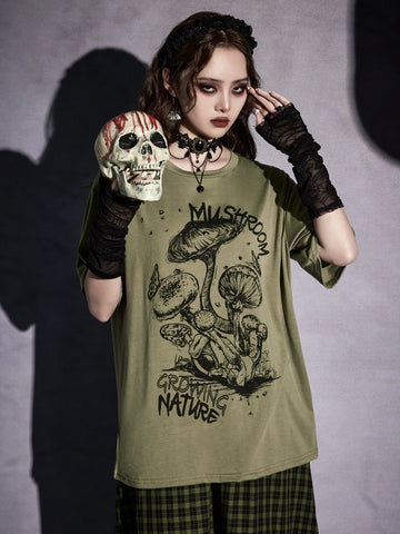 ROMWE Goth Mushroom & Letter Graphic Tee