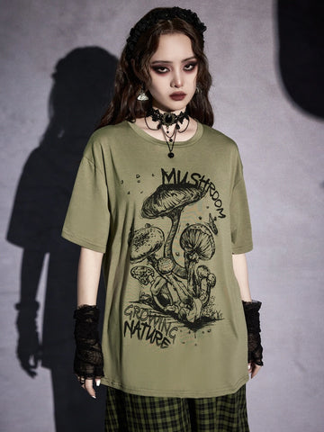 ROMWE Goth Mushroom & Letter Graphic Tee
