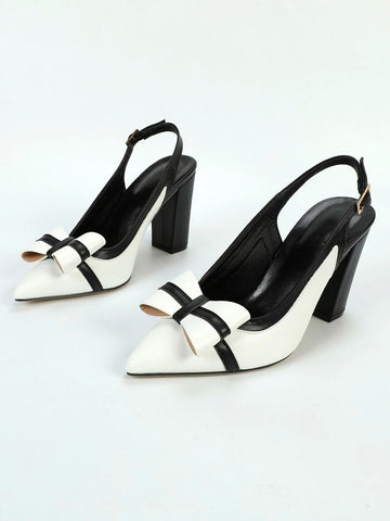 Two Tone Bow Decor Chunky Heeled Slingback Pumps