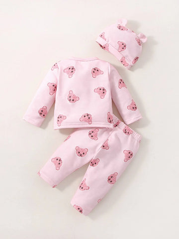Newborn Baby Cartoon Graphic Tee & Pants & Accessory 3D Ears Hat
