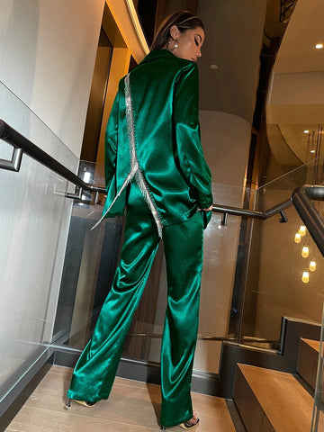 Fringe Trim Split Back Single Breasted Blazer & Pants