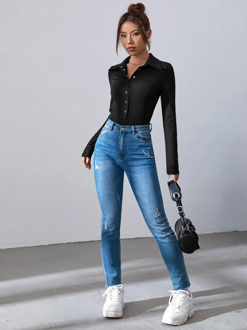Button Front Ribbed Knit Bodysuit