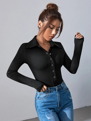 Button Front Ribbed Knit Bodysuit