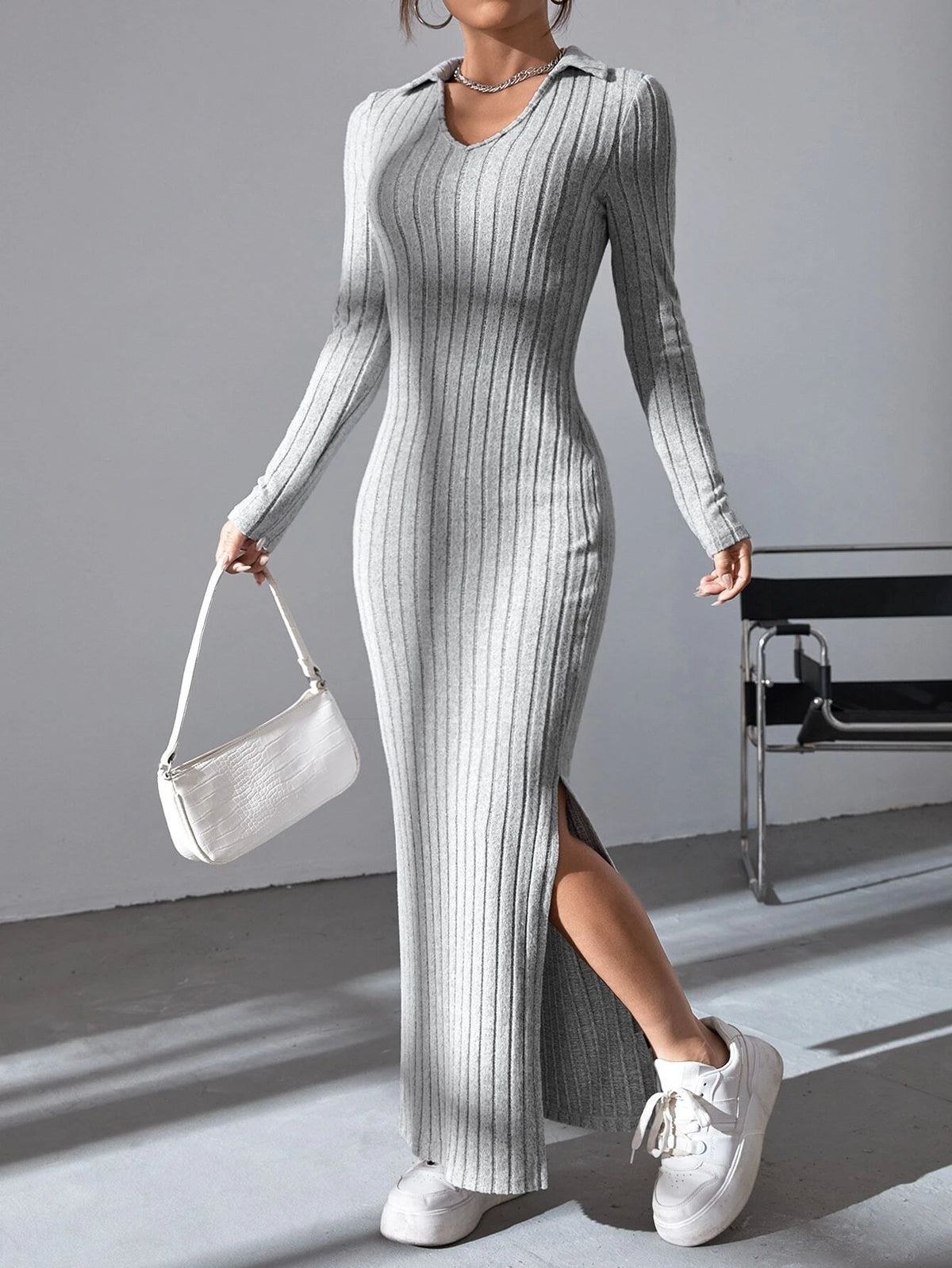Split Thigh Ribbed Knit Bodycon Dress