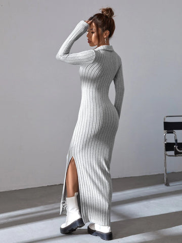 Split Thigh Ribbed Knit Bodycon Dress