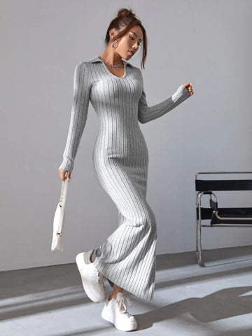 Split Thigh Ribbed Knit Bodycon Dress