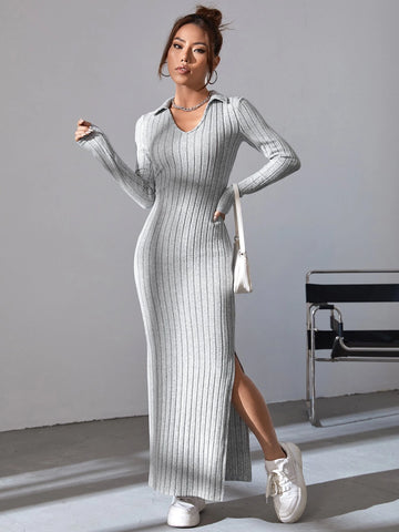 Split Thigh Ribbed Knit Bodycon Dress