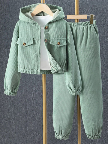 Girls Flap Detail Hooded Corduroy Jacket & Pants Without Tee