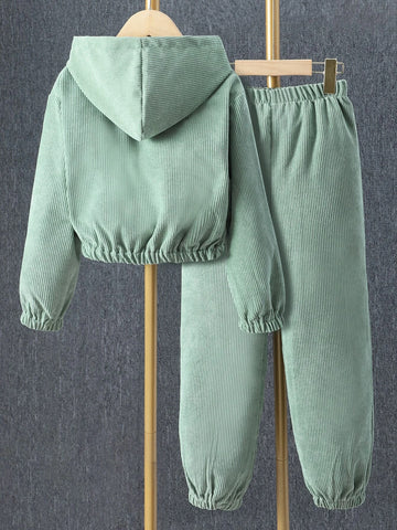 Girls Flap Detail Hooded Corduroy Jacket & Pants Without Tee