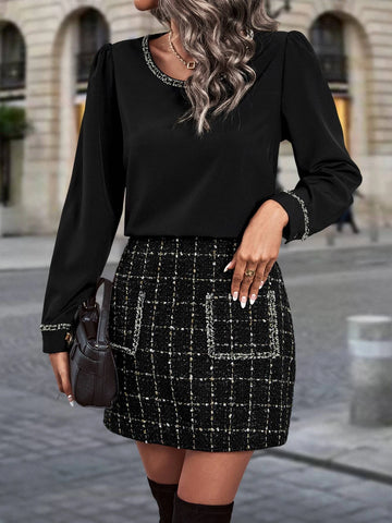 Puff Sleeve Blouse & Plaid Dual Pocket Skirt