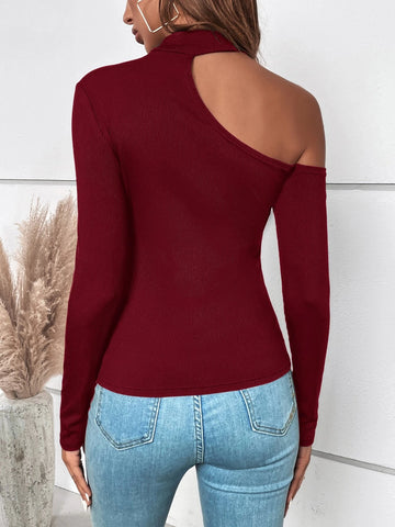 Asymmetrical Neck Ribbed Knit Tee