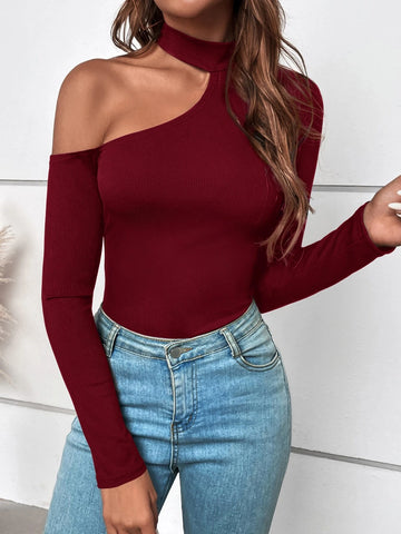 Asymmetrical Neck Ribbed Knit Tee