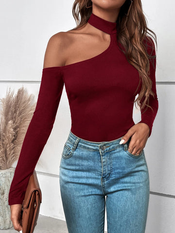 Asymmetrical Neck Ribbed Knit Tee