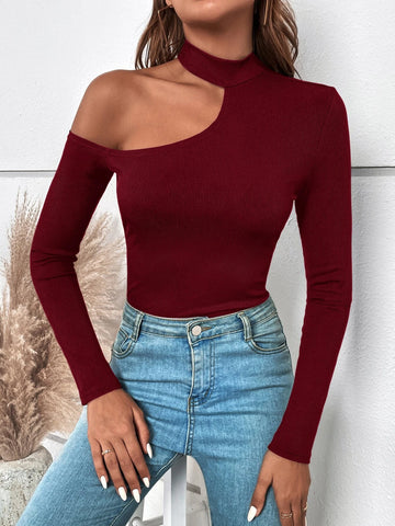Asymmetrical Neck Ribbed Knit Tee